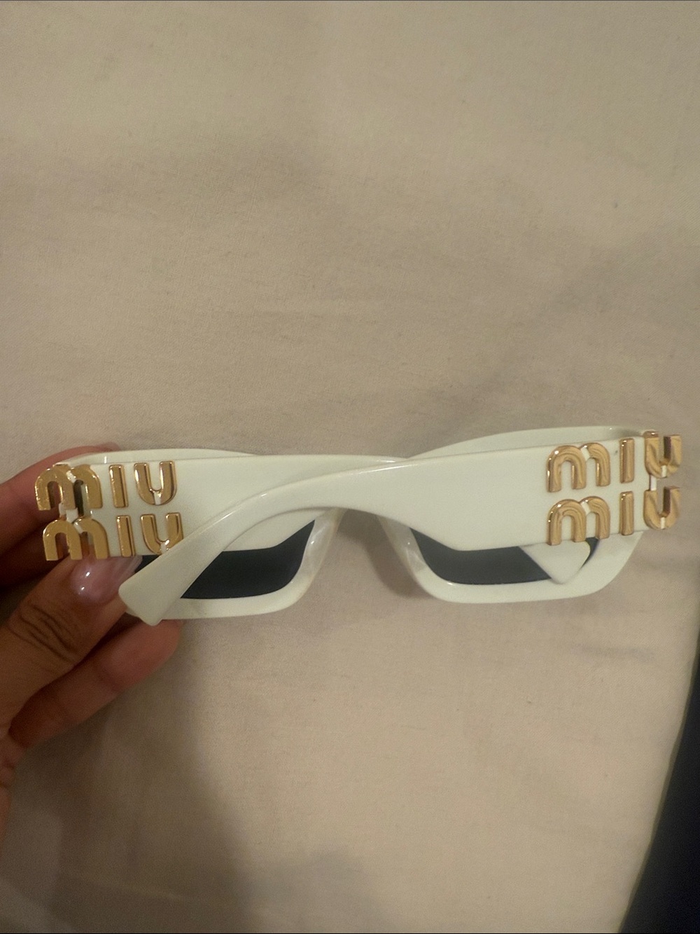 Miu Miu White Rectangular Sunglasses with Gold Logo Accents